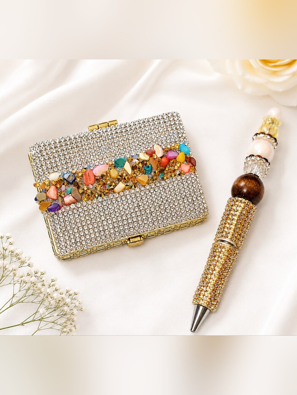 Handcrafted Rhinestone Compact Mirror & Crystal Beaded Pen Gift Set